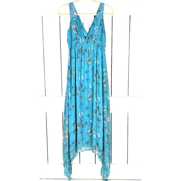 90s vintage blue butterfly sleeveless long maxi asymmetric hem boho dress - Picture 2 of 6